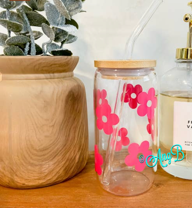 Libby Pink Flowers Glass Can